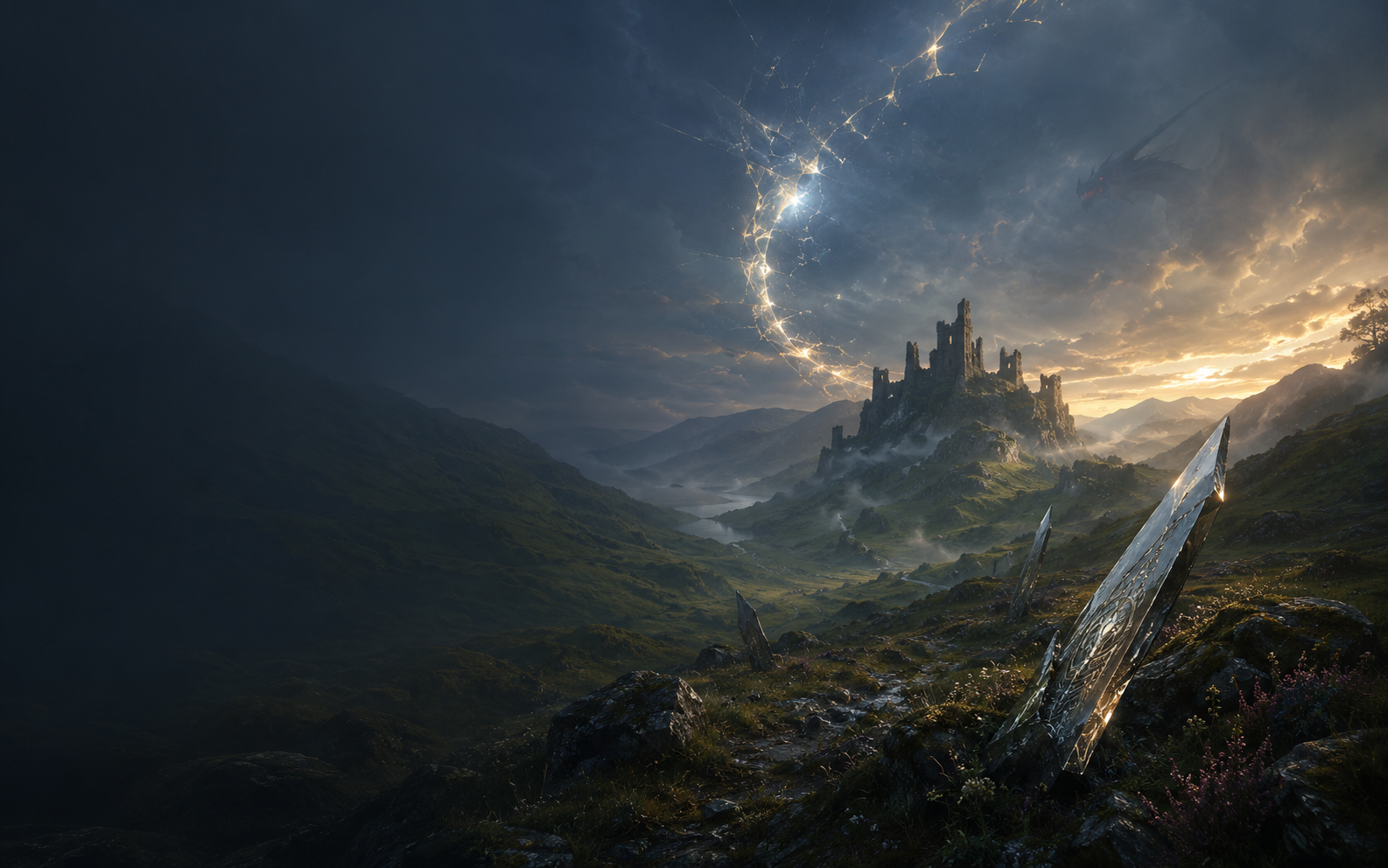 Misty Welsh mountains, ruined castle and a fractured line of light